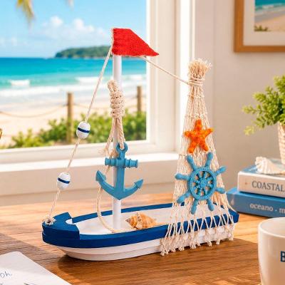 Miniatura Decorativa Barco Navio Madeira Acabamento Detalhado Branco Artesanal