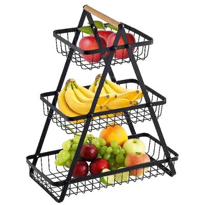 Fruteira Cesto Triplo BSL3775 Aramado Metal e Bambu Multiuso Cozinha Preto Leva Pra Casa