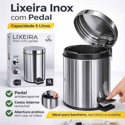 Lixeira Inox 5L Aço Inox com Pedal Balde Removível Tampa Removível