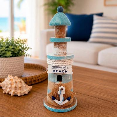 Farol Decorativo Marítimo Artesanal Madeira 22cm Azul