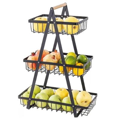 Fruteira Cesto Triplo Aramado BSL3775 Metal e Bambu Multiuso Cozinha Preto Braslu