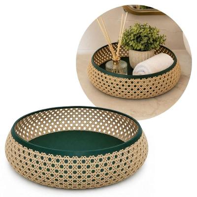 Bandeja Decorativa Redonda Palhinha Treliça 23cm Bege Mundial Casa