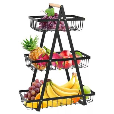 Fruteira Cesto Triplo BSL3775 Aramado Metal e Bambu Multiuso Preto Ideal Importados