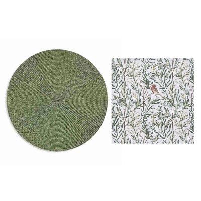 Kit Mesa Posta Luna Olive Pássaros Jogo Americano e Guardanapo de Tecido Copa & Cia