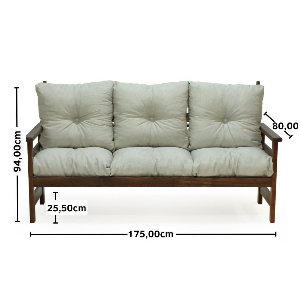 Conjunto Sofá Havaí 3 Lugares + 2 Poltronas De Madeira Com Almofadas Confortáveis - Bege - 3