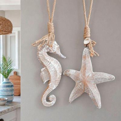 Kit 2 Pendentes Decorativos Cavalo Marinho e Estrela do Mar MDF Azul
