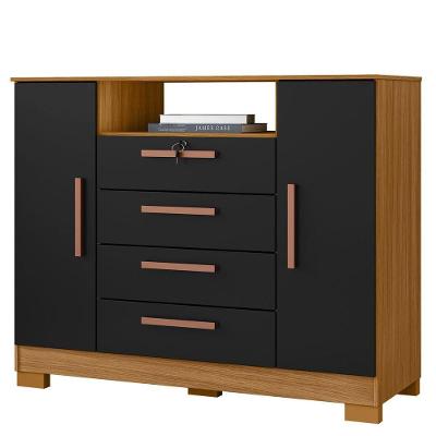 Cômoda Sapateira Rack Madri 4 Gavetas MDP Puxador Cromado Carvalho Americano e Preto