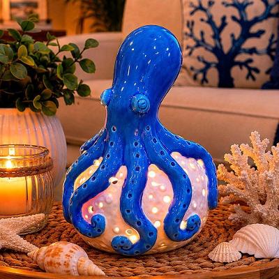 Porta Velas Polvo Cerâmica Decoração Náutica Tropical Azul 14cm