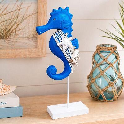Enfeite Decorativo Cavalo Marinho Madeira 30cm Azul e Branco