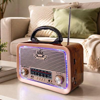 Rádio Portátil Multifuncional Lanterna LED Caixa de Som Bluetooth USB Amadeirado