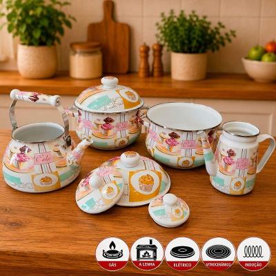 Kit 4 Peças Panelas Caçarola Bule e Chaleira Esmaltada Cake Branco
