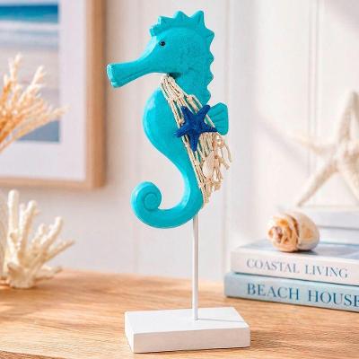 Enfeite Decorativo Cavalo Marinho em Madeira 30cm Azul Turquesa