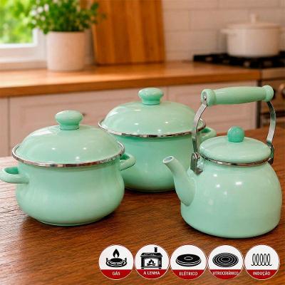 Kit Caçarola Chaleira Esmaltada Jade Aço Inox 3,6L e 2,5L 3 Peças