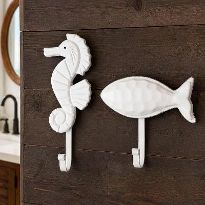 Kit 2 Porta Toalha Cabideiro Decorativo Peixe e Cavalo Marinho Branco
