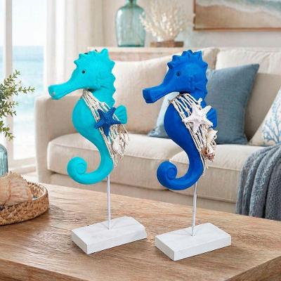 Kit 2 Enfeites Cavalo Marinho em Madeira Estilo Praiano Azul 30cm