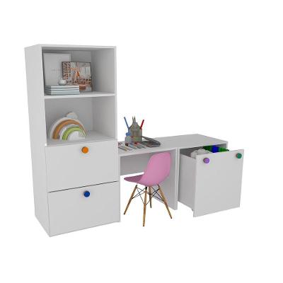 Kit Armário Gaveteiro Mesa Cadeira e Baú Rubi MDF Branco Woodcore