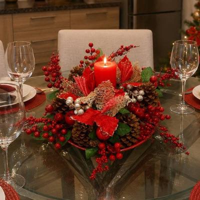 Arranjo Natalino Centro de Mesa com Vela e Pinhas 35cm Vermelho