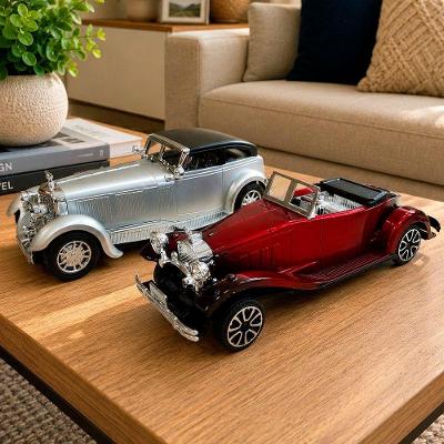 Kit 2 Carros Miniatura Colecionável Retrô Sistema de Fricção Vermelho e Prata
