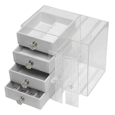 Organizador Porta Joias BSL3923 Acrílico 4 Gavetas Anel Brinco Pulseira Colar Aveludado Transparente