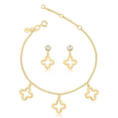 Conjunto de Brinco e Pulseira Trevo Revestido em Ouro Dourado