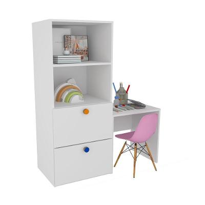 Kit Armário Gaveteiro Mesa Cadeira Rubi 2 Gavetas 2 Prateleiras MDF Branco Woodcore