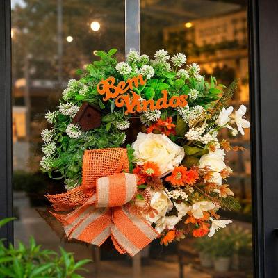 Guirlanda Decorativa Bem-vindo Flores Artificiais 30cm Laranja