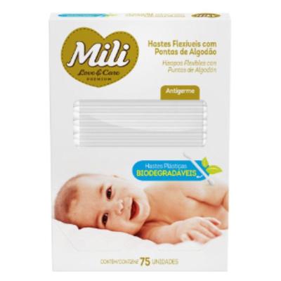 Cotonete Mili Hastes Flexíveis Biodegradável Ponta Algodão 75 Unidades
