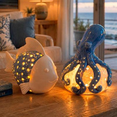 Kit 2 Porta Velas de Cerâmica Polvo e Peixe Decoração Praia Azul
