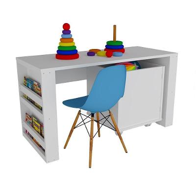 Kit Rack com Baú Caleb e Cadeira Eiffel Azul MDF Branco Woodcore
