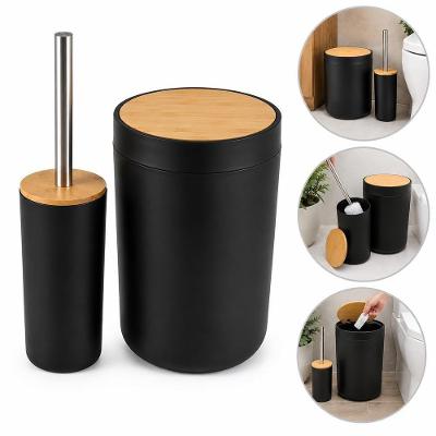 Kit Banheiro 2 Peças Lixeira Tampa Bambu e Escova Sanitária Preto Yeet