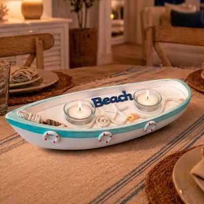 Castiçal Porta Velas Barco em Madeira Decoração Praia Branco