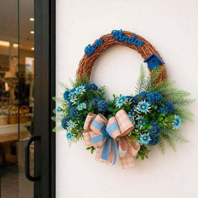 Guirlanda Decorativa Bem-vindo Flores Artificiais em Palha 40cm Azul