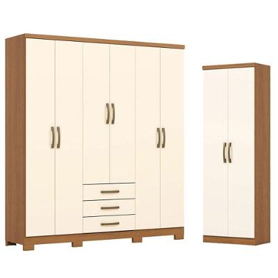 Guarda Roupa Casal Caju DA136 6 Portas de Bater 3 Gavetas com Armário Margarida Cinamomo Off White
