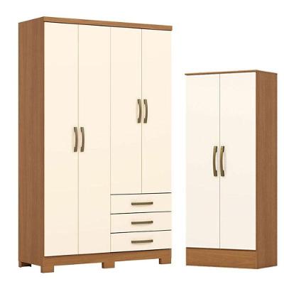 Guarda Roupa Casal Caju DA135 4 Portas de Bater 3 Gavetas Armário Multiuso Prime Cinamomo Off White