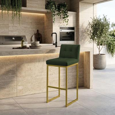 Banqueta Alta Encosto Industrial Assento PU Base Metálica Verde D'Rossi
