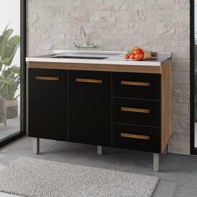 Balcão Gabinete para Pia Bia 2 Portas 3 Gavetas MDP 118CM Preto Desk Design