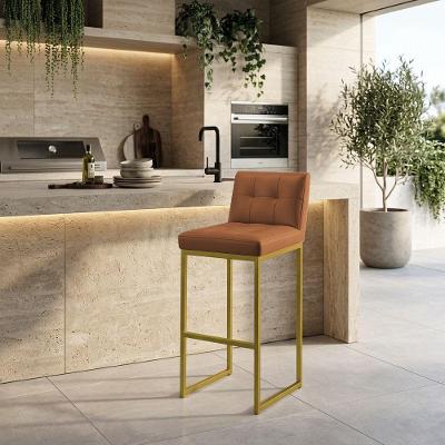 Banqueta Alta Encosto Industrial Lirina PU Base Fixa Dourado D'Rossi