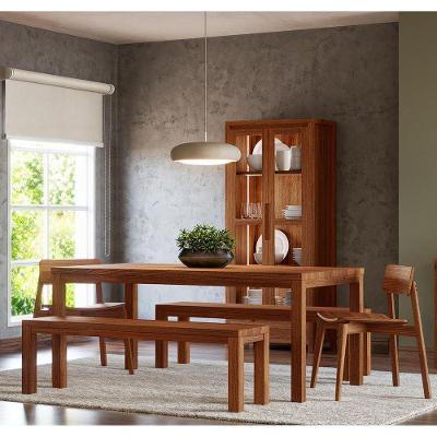 Conjunto Jantar Nature Cristaleira Mesa Bancos e Cadeiras Pinus Rústico Escuro Finestra Móveis