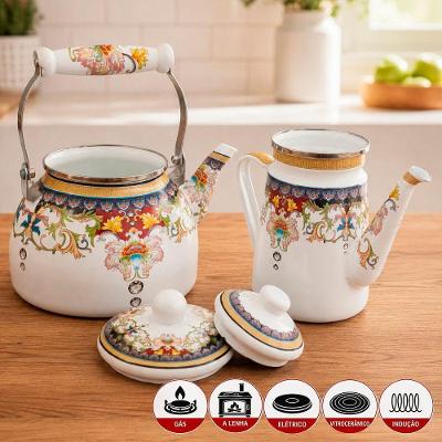 Kit Chaleira 2,5L e Bule 1,2L Esmaltada Vintage Ferro Esmaltado Branco Indiana Ranch