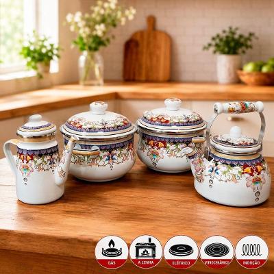 Kit 4 Peças Caçarola Bule Chaleira Esmaltada Ferro Fundido 3,7L Indiana Ranch