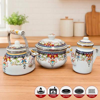 Kit 3 Peças Caçarola Bule e Chaleira Esmaltada Indiana Ferro Fundido 3,7L