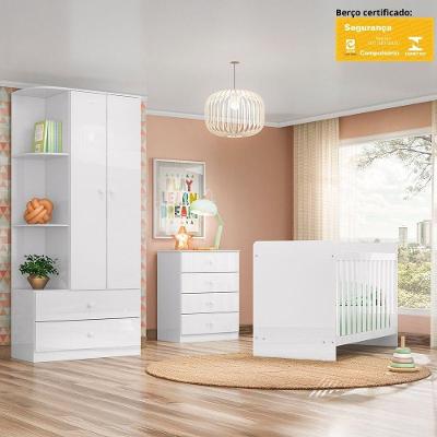 Conjunto Infantil Labirinto Guarda Roupa Cômoda Berço MDP-MDF Branco Henn