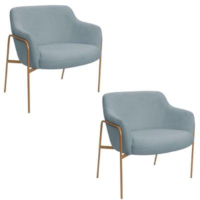 Kit 02 Poltronas Jade Base Aço Ouro Fosco Bouclé Azul Claro Nexta Casa