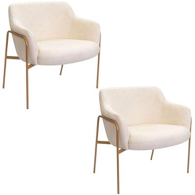 Kit 02 Poltronas Decorativas Jade Bouclé Base Aço Ouro Fosco Off White