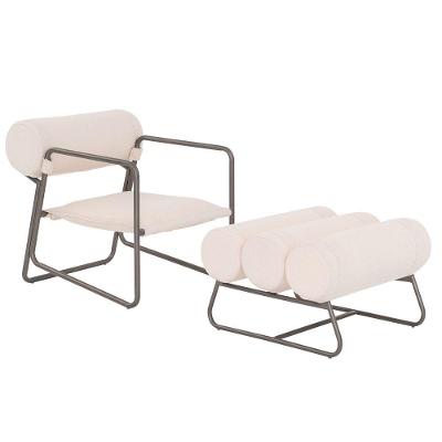 Poltrona com Puff Detroit Linho Bouclé Decorativa Bege Claro Nexta Casa