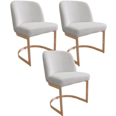 Kit 3 Cadeiras de Jantar Cléo Base Ouro Fosco Linho Bouclé Off White