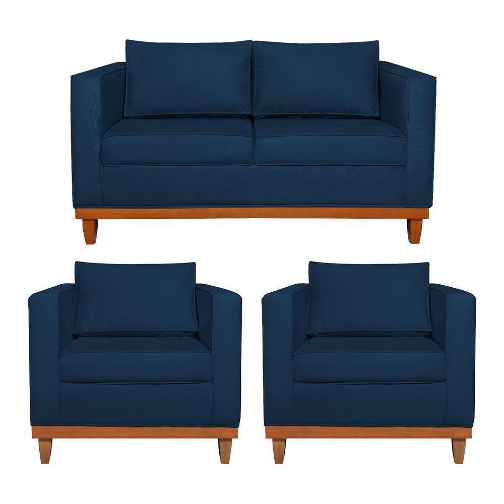 Kit Sofá 2 E 3 Lugares E 2 Poltronas Europa 180 Cm Suede - Amarena Móveis Azul Marinho - 1
