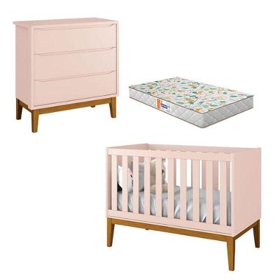 Kit Berço Americano Cômoda New Classic MDF Colchão Incluso Rosa Reller Móveis