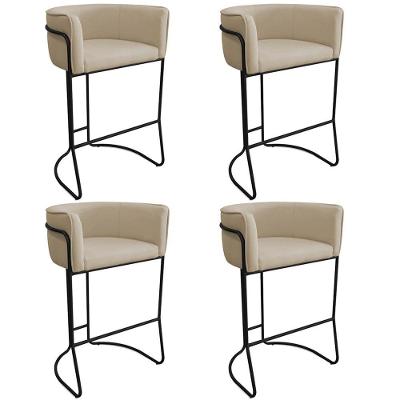 Kit 04 Banquetas Altas Betina Linho com Encosto Base Preta Areia