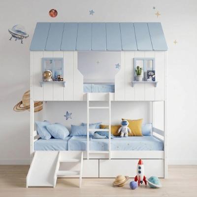 Beliche Casinha Encantada com Escorregador Madeira Maciça Branco e Azul Housin